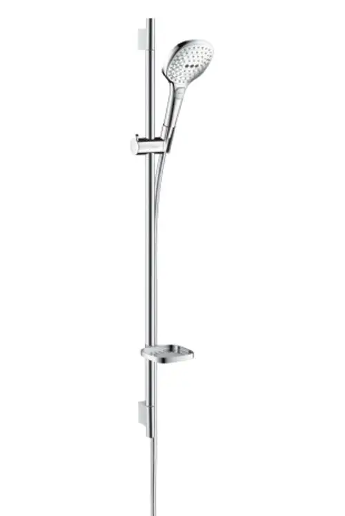 Brausestange mit der Handbrause und Seifenschale in Chrom. Das Produkt zeigt eine klare, moderne Designsprache der Marke Hansgrohe.